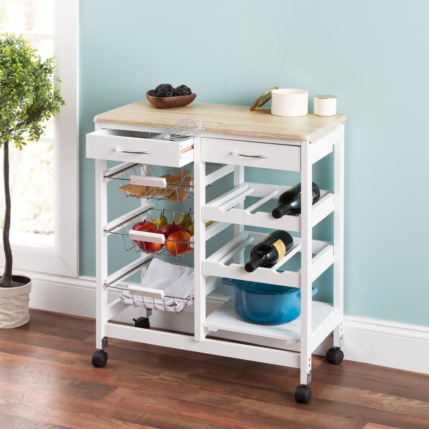 Oak Top Rolling Kitchen Trolley with Two Drawers and Two Baskets, White