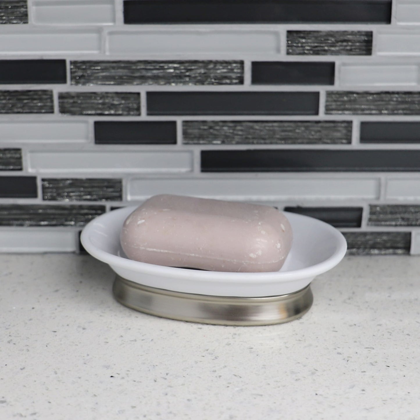 Rubberized Plastic Countertop  Pedestal  Soap Dish with  Non-Skid Metal Base, White