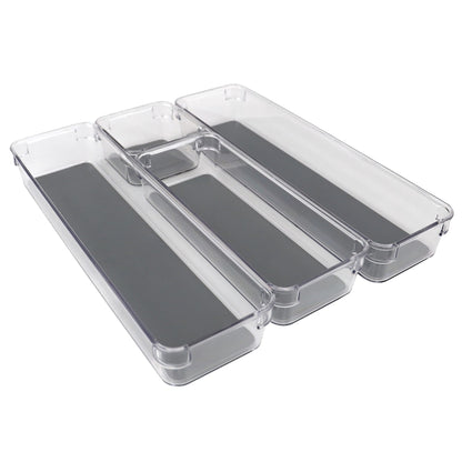 Four Compartment Multi-Purpose Storage 4 Piece Stackable Rubber Lined Plastic Drawer Organizer Set, Grey