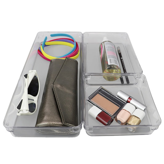 Three Compartment Multi-Purpose Storage 3 Piece Rubber-Lined Plastic Drawer Organizer Set, Grey