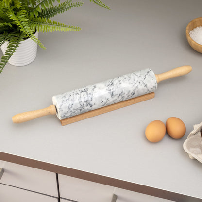 Marble Rolling Pin with Easy Grip Handles and Display Stand, White