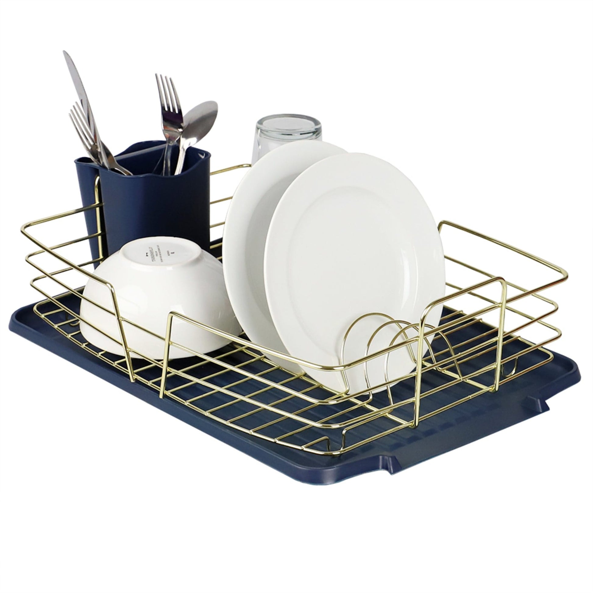 Michael Graves Design Gold Finish Steel Wire Compact Dish Rack with  Oversized Utensil Holder, White, KITCHEN ORGANIZATION