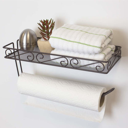 Scroll Collection Wall Mounted Paper Towel Holder with Basket, Bronze