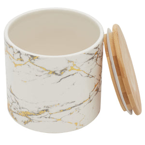 Marble Like Small Ceramic Canister with Bamboo Top, White