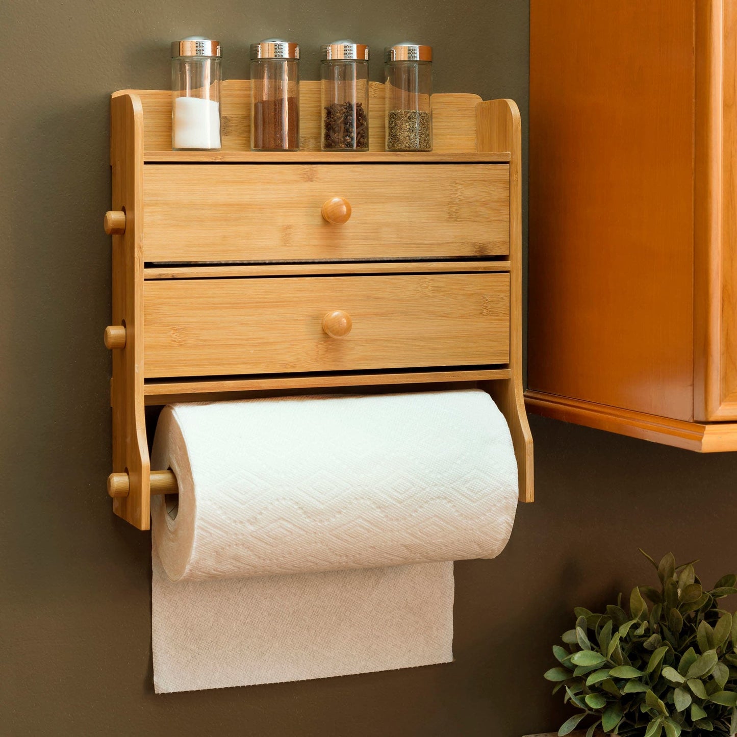 Paper Towel Holder with Integrated Wrap Dispenser