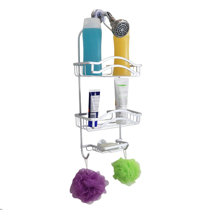 Double Wave 2 Tier Aluminum Suction Shower Caddy with Integrated Hooks and Soap Tray, Grey