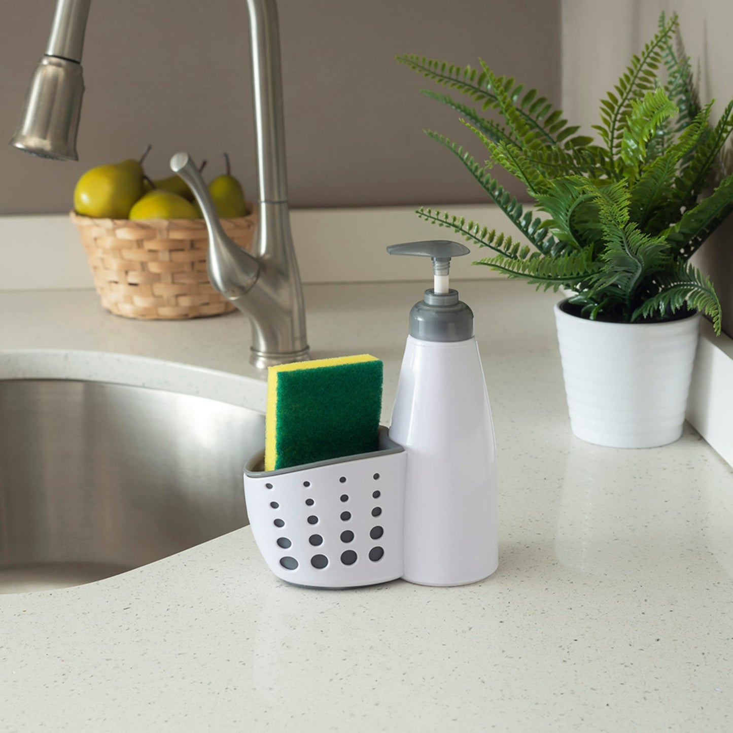 Soap Dispenser with Perforated Sponge Holder, White
