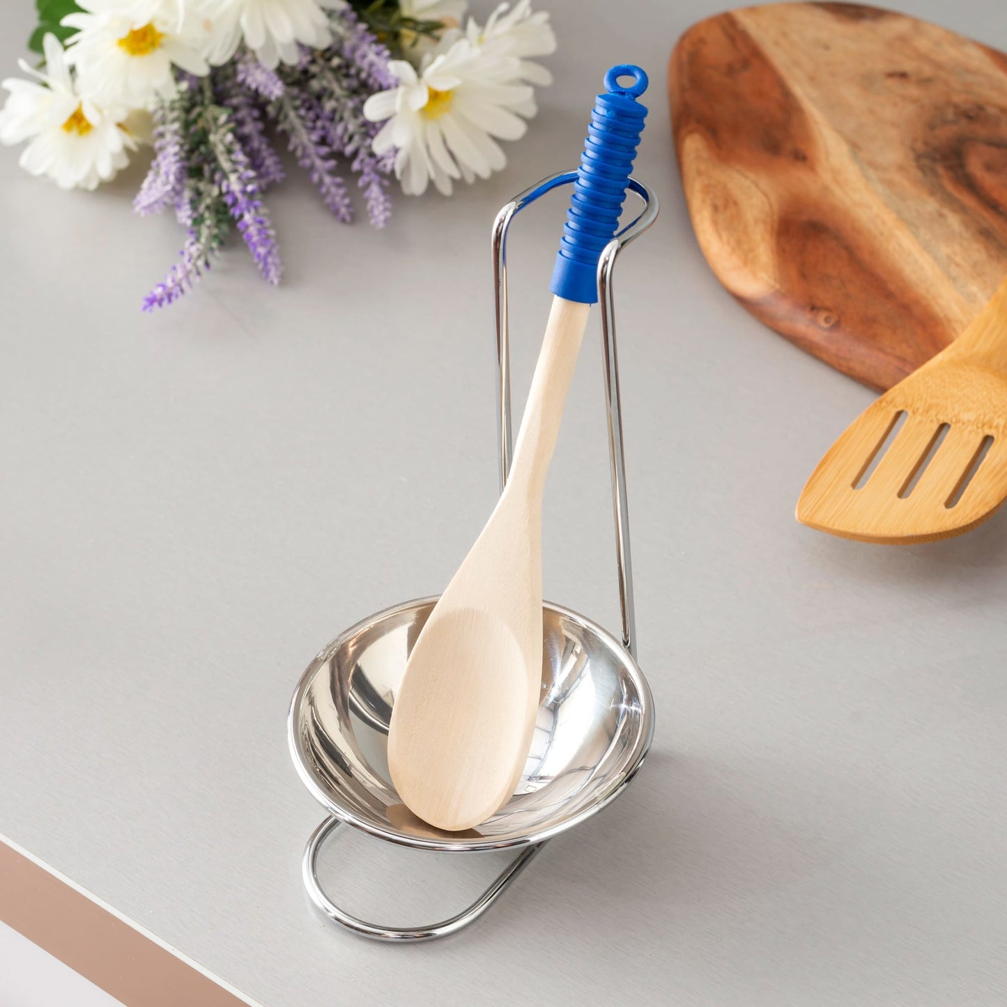 Stainless Steel Spoon Rest with Wood Spoon
