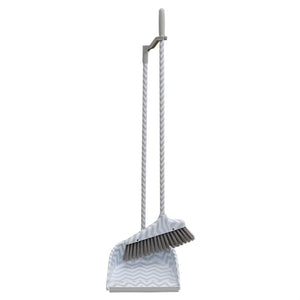 Chevron Upright Angled Broom and Plastic Dust Pan Set with Comfort Grip Handle, Grey
