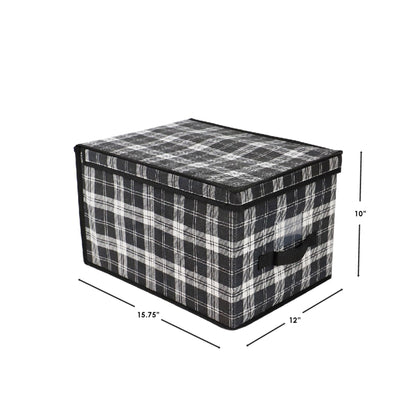 Plaid Non-Woven Large Storage Box with Label Window, Black