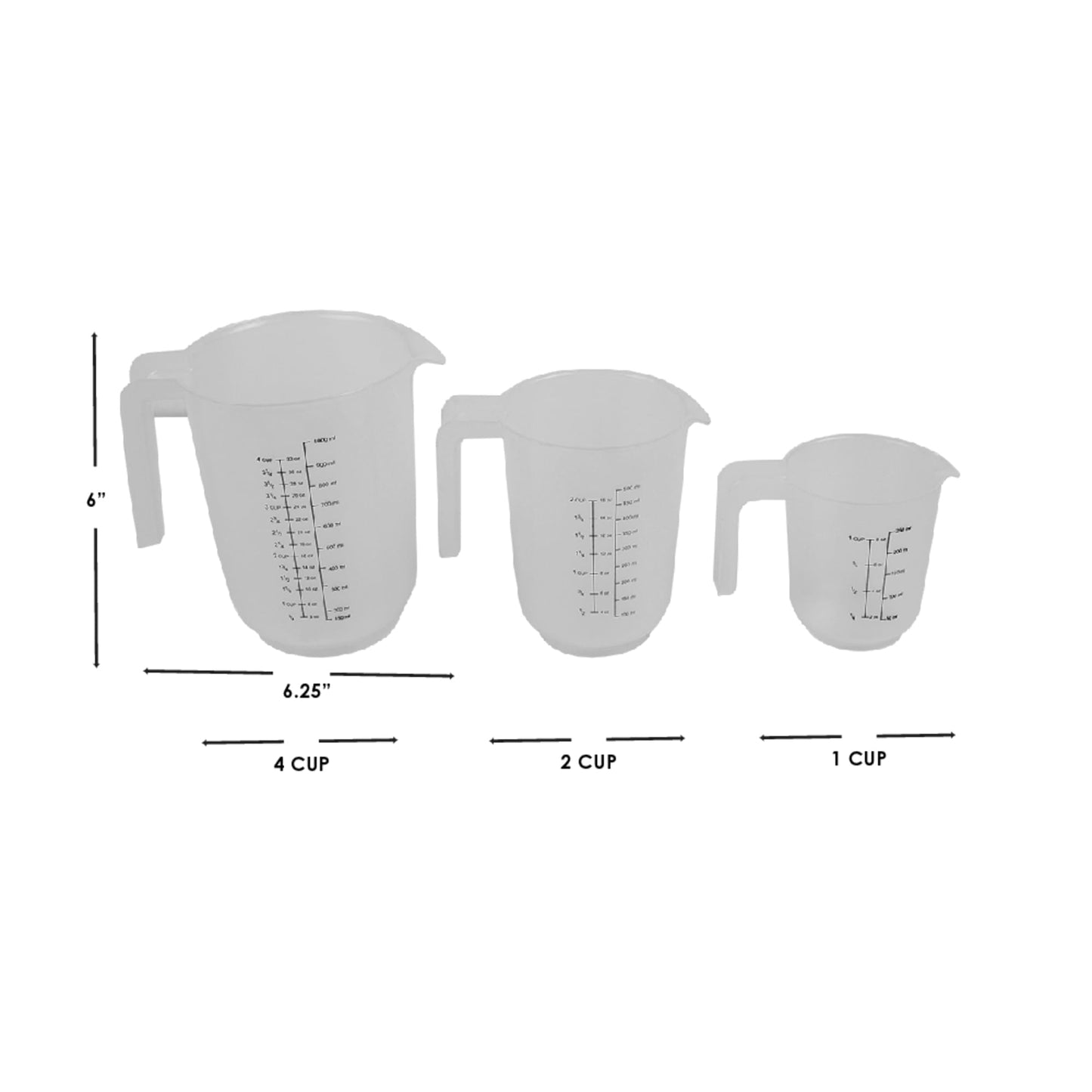 Precise Pour 3 Piece Plastic Measuring Cup Set with Short Easy Grip Handles, Clear