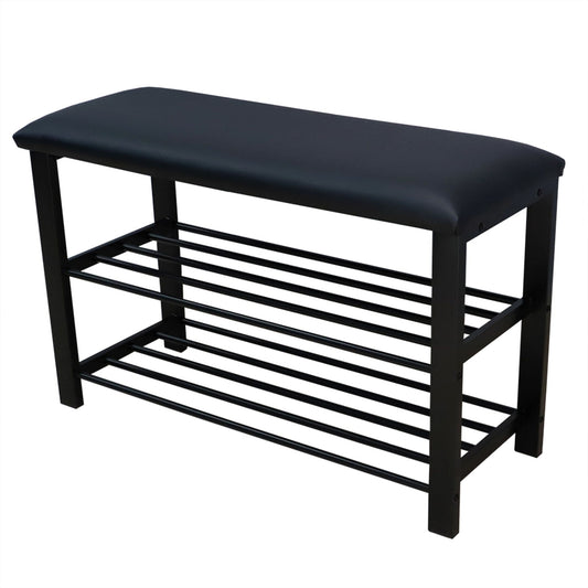 Cushioned Storage Bench with 2 Tier Steel Shoe Rack, Black