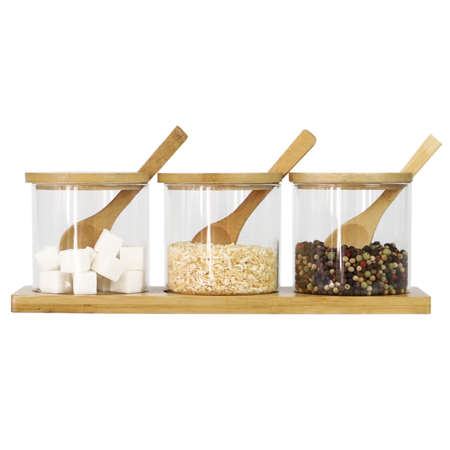 3 Piece Glass Cruet Set with Bamboo Base and Spoons