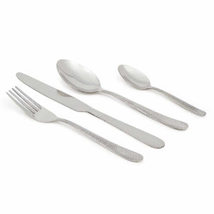 16 Piece Hammered Finish Stainless Steel Flatware Set, Silver