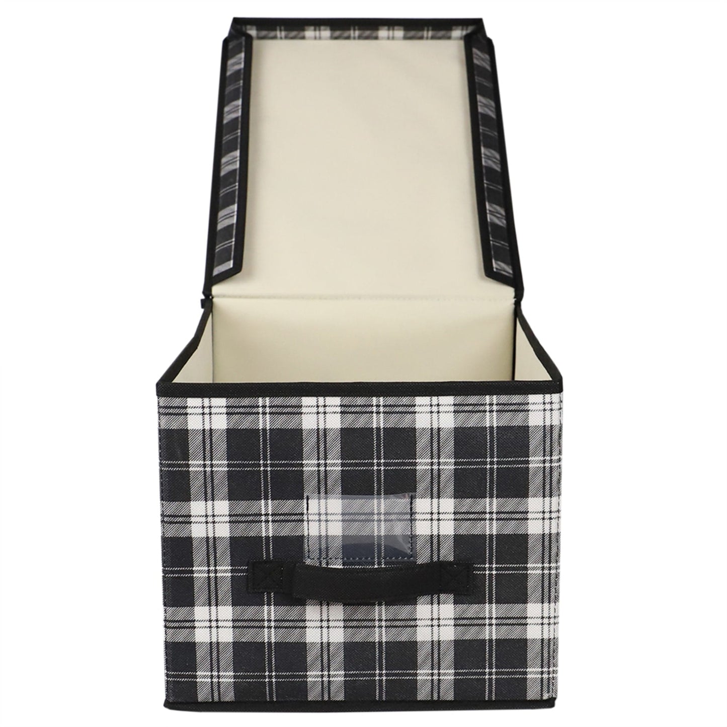 Plaid Non-Woven Large Storage Box with Label Window, Black