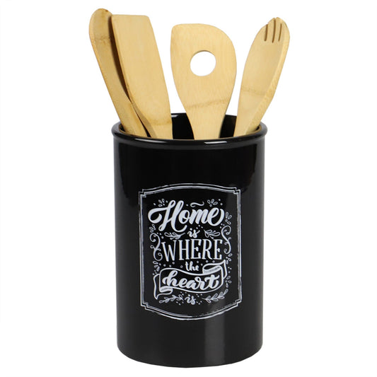 Home is Where the Heart is Ceramic Utensil Crock, Black