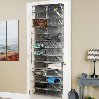 26 Compartment Over the Door Shoe Organizer (Non-Woven Fabric), Grey/Clear