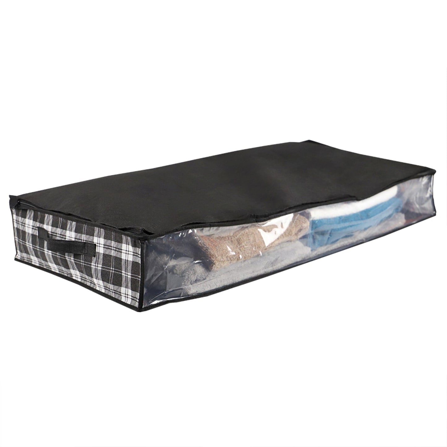 Plaid Non-Woven Under the Bed Storage Bag with See-through Front Panel, Black