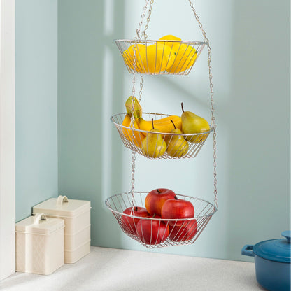 3 Tier Wire Hanging Round Fruit Basket, Chrome