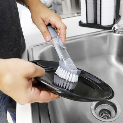Heavy Duty Soap Dispensing Plastic Dish Brush with No Slip Grip Handle, Grey