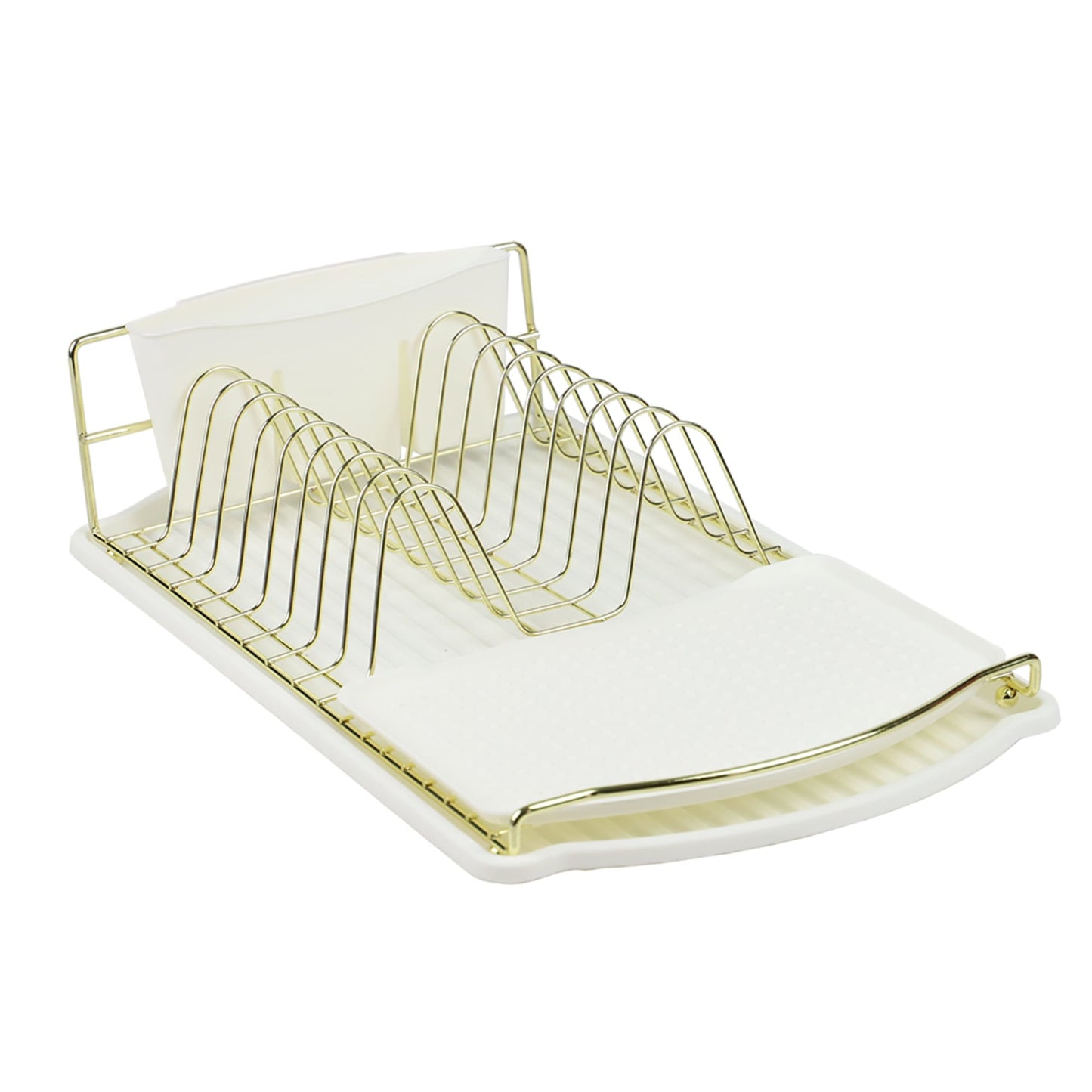 Michael Graves Design Gold Finish Steel Wire Compact Dish Rack with Oversized Utensil Holder, White