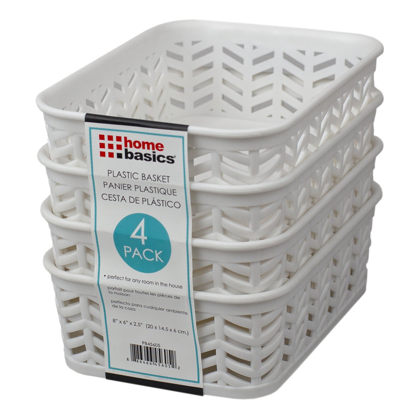 Home Basics Chevron 7.75" x 5.5" x 2.5" Multi-Purpose Stackable Plastic Storage Basket, (Pack of 4), White - White