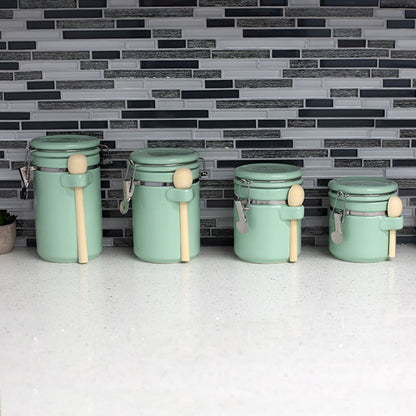 4 Piece Ceramic Canisters with Easy Open Air-Tight Clamp Top Lid and Wooden Spoons, Mint