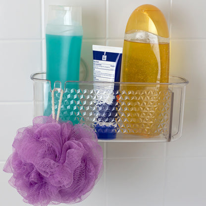 Large Cubic Patterned Plastic Shower Caddy with Suction Cups, Clear