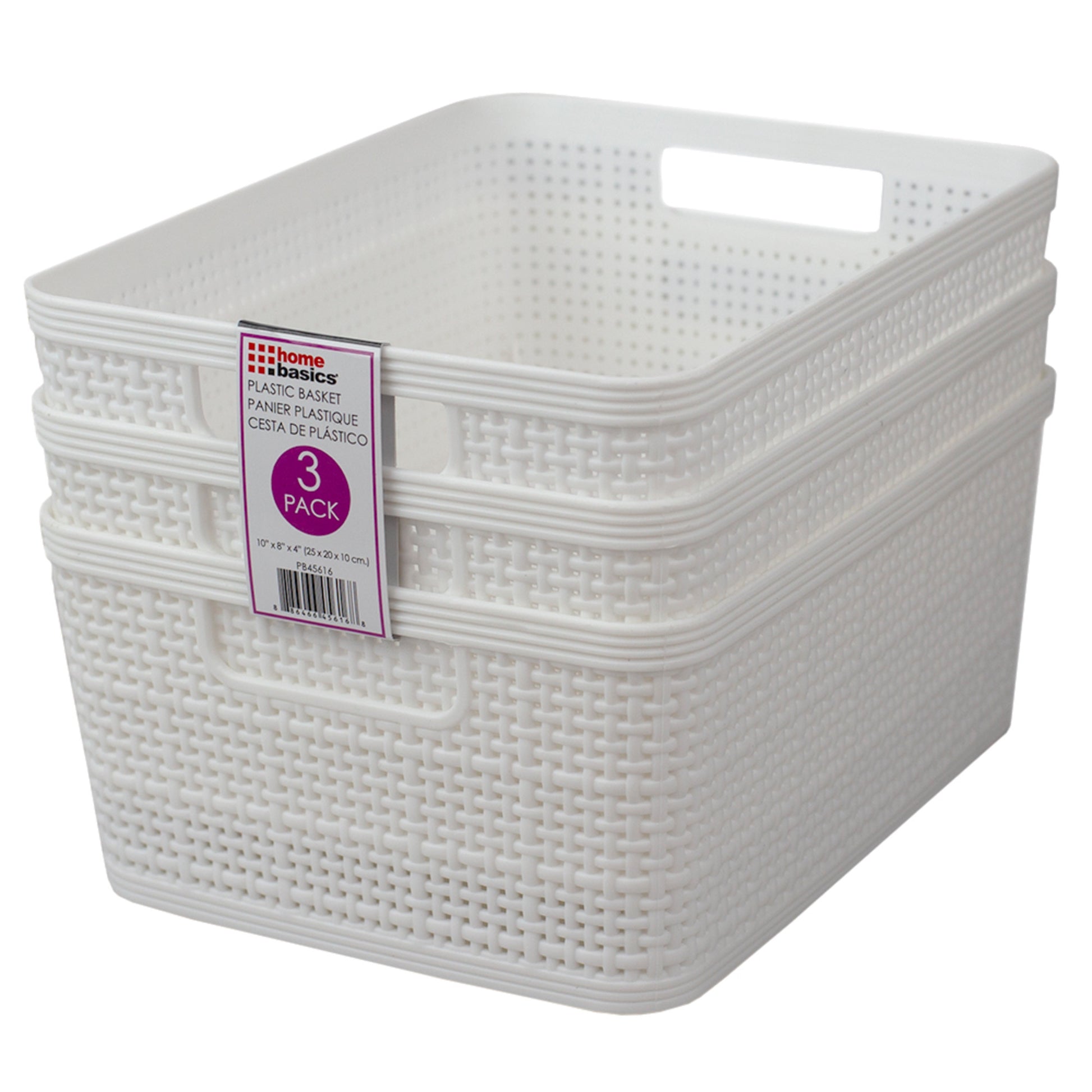 Home Basics Trellis 10" x 7.25" x 4.25" Multi-Purpose Stackable Plastic Storage Basket, (Pack of 3), White - White