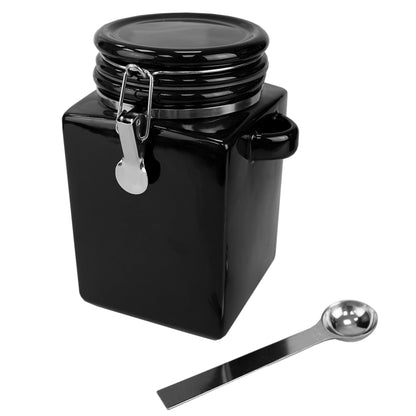 4 Piece Square Ceramic Canisters with Metal Spoons, Black