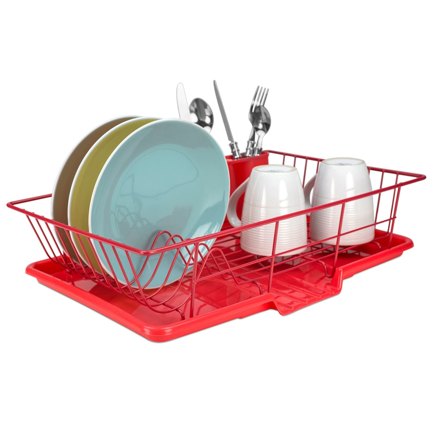 3 Piece Rust-Resistant Vinyl Dish Drainer with Self-Draining Drip Tray, Red