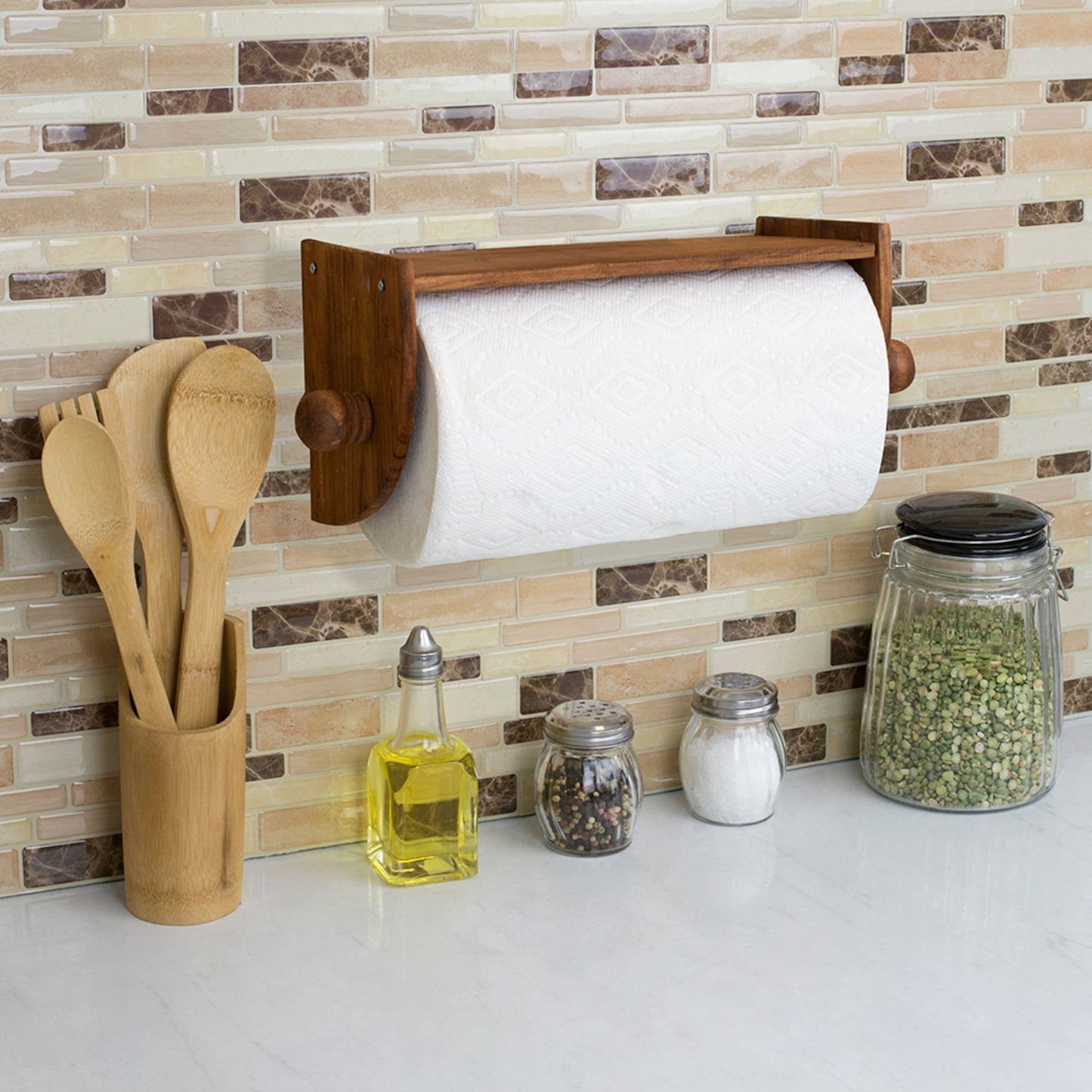 Quick Install Rustic Pine Wood Wall Mounted Paper Towel Holder