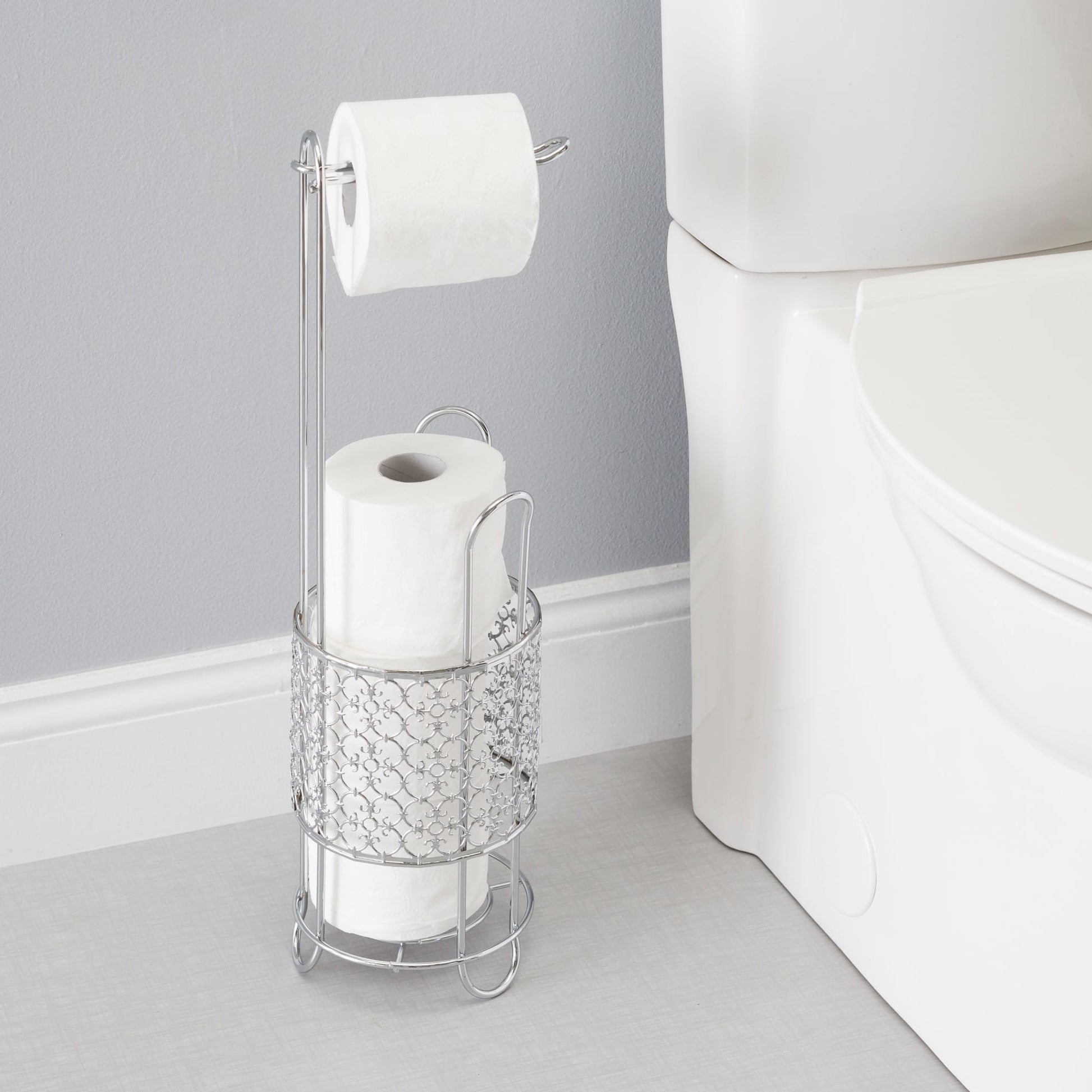 Chrome Toilet Paper Free Standing Storage Holder Frame Bathroom