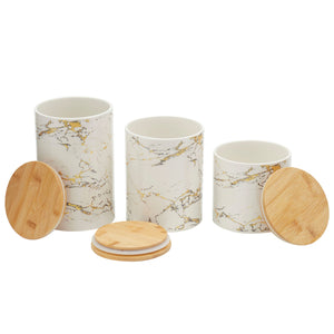 Faux Marble 3 Piece Ceramic Canister Set With Bamboo Tops, White