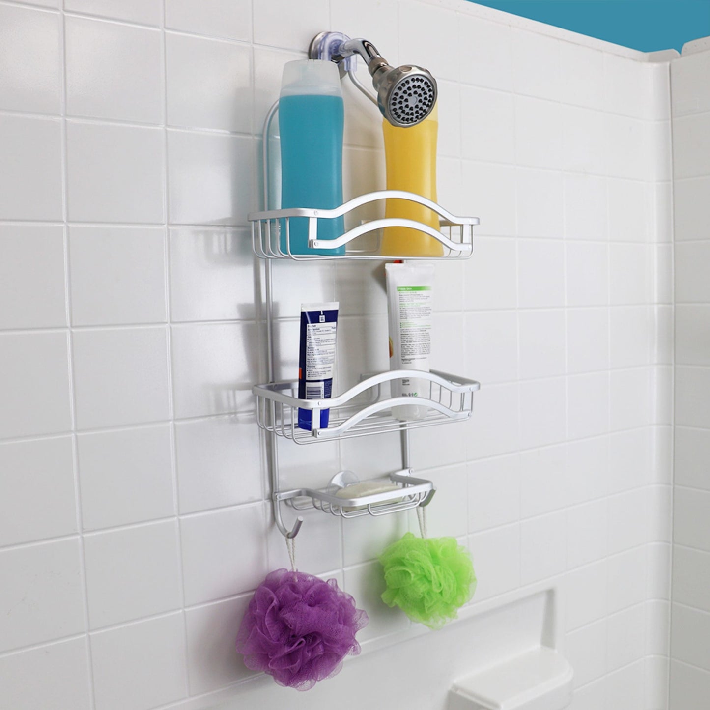 Double Wave 2 Tier Aluminum Suction Shower Caddy with Integrated Hooks and Soap Tray, Grey