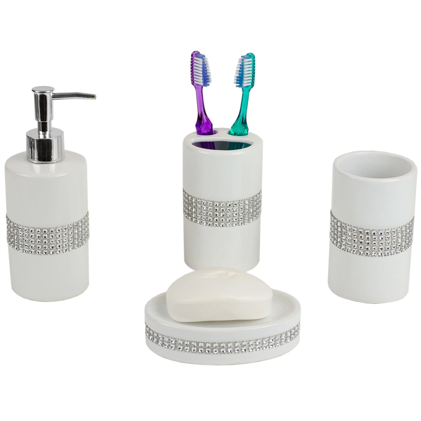 4 Piece Ceramic Luxury Bath Accessory Set with Stunning Sequin Accents, White