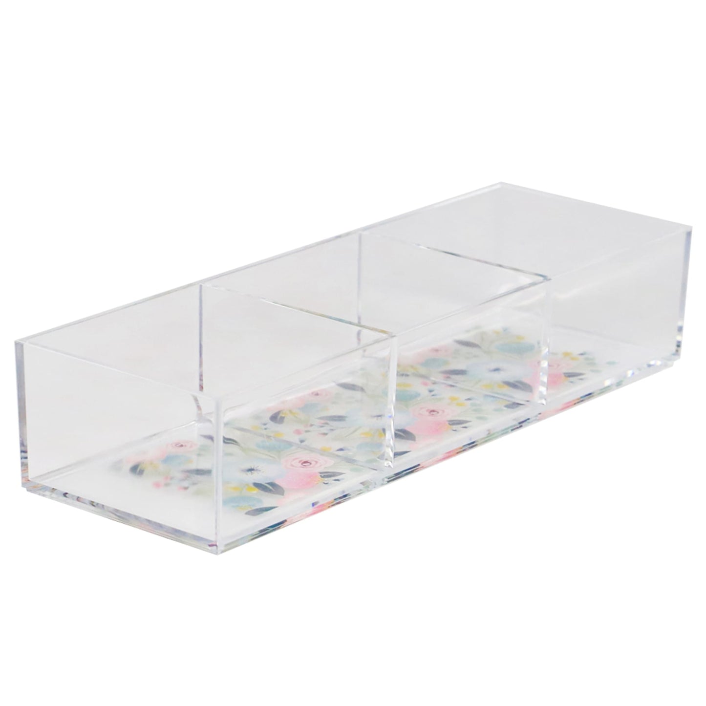 Floral 3 Compartment Plastic Cosmetic Organizer, Clear