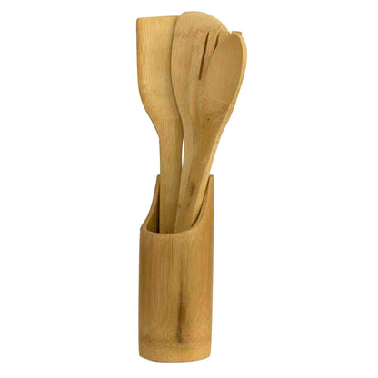5 Piece Bamboo Utensil Set with Sculptural Holder, Natural