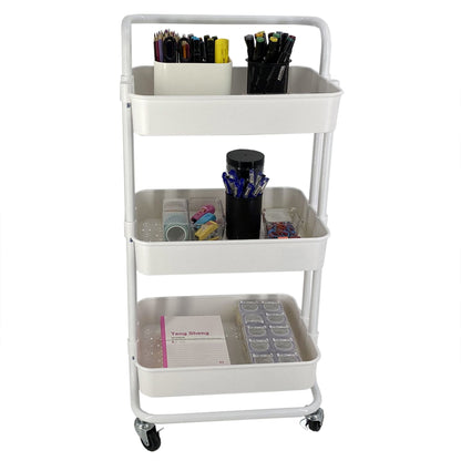 3 Tier Steel Rolling Utility Cart with 2 Locking Wheels, White