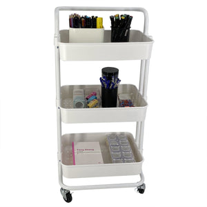 3 Tier Steel Rolling Utility Cart with 2 Locking Wheels, White
