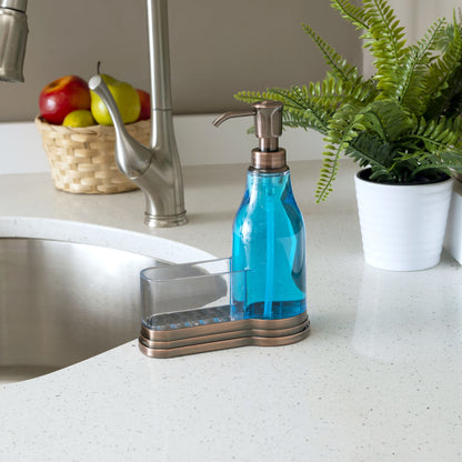 Plastic Soap Dispenser with Brushed Steel Top  and Fixed Sponge Holder, Bronze