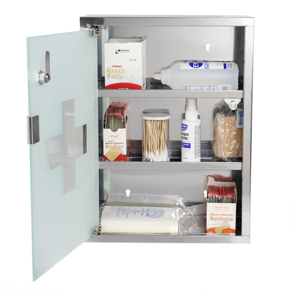 3 Shelf Frosted Glass Surface Mount Medicine Cabinet with Keys, Silver