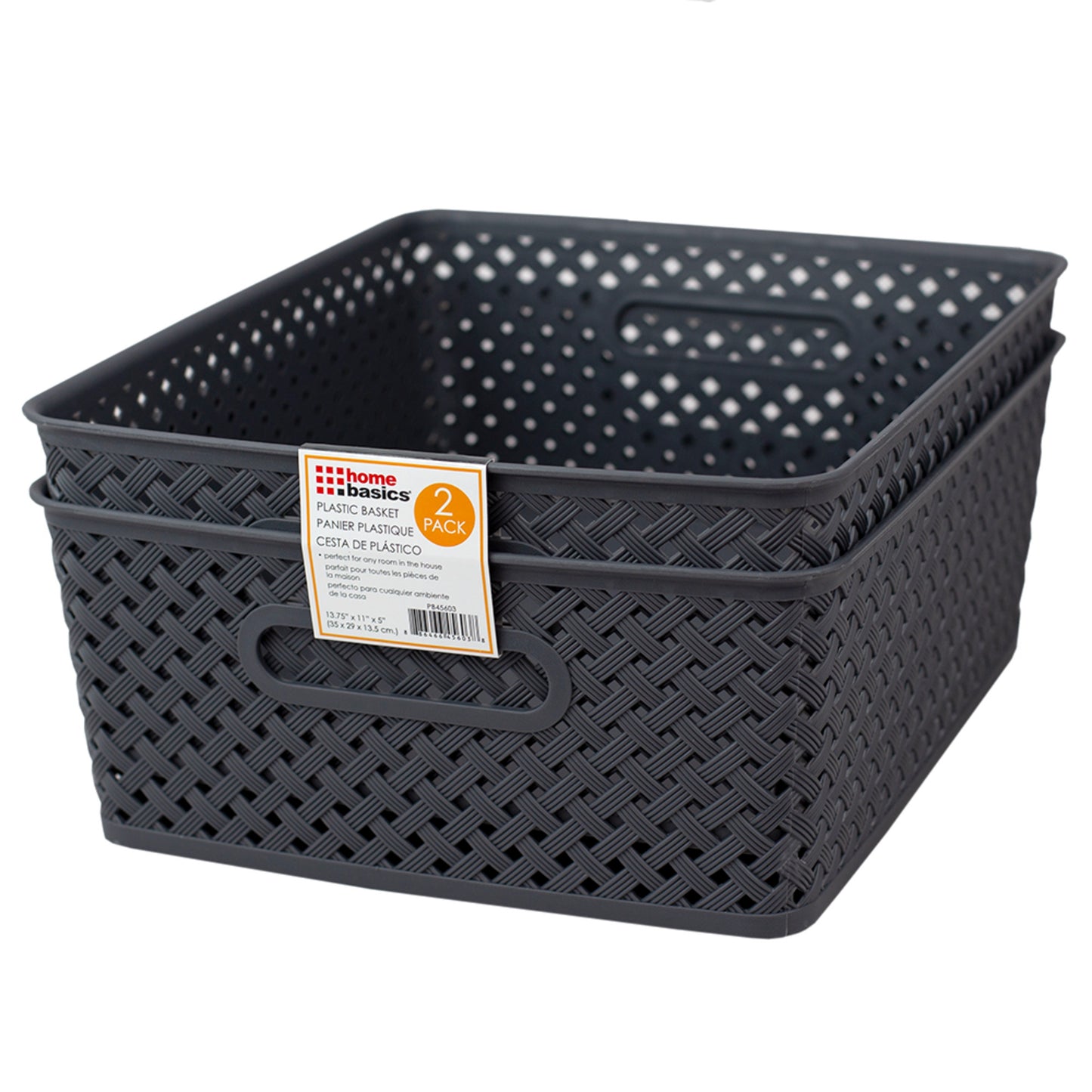 Home Basics Triple Woven 14"" x 11.5"" x 5.25"" Multi-Purpose Stackable Plastic Storage Basket, (Pack of 2), Grey - Grey