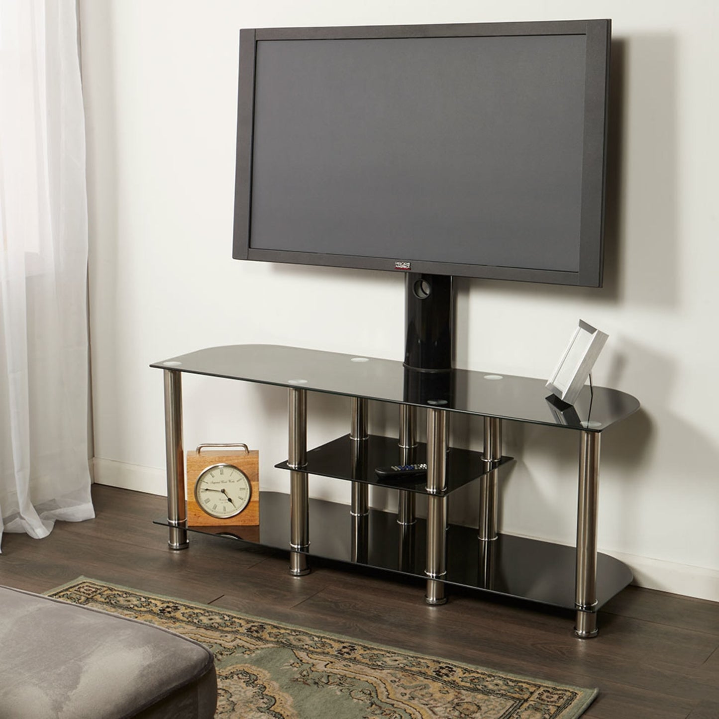 4 Shelf Brown Tempered Glass Corner TV Stand with Swiveling Mount