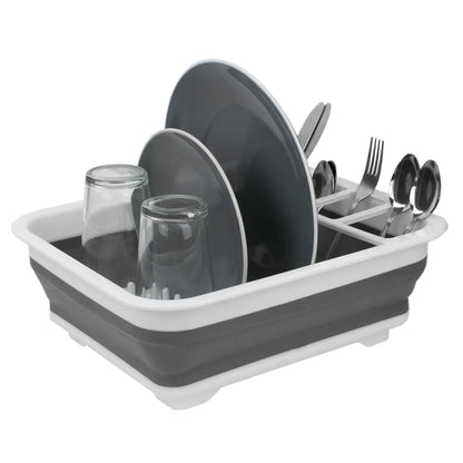 Collapsible Silicone and Plastic Dish Rack, White/Grey