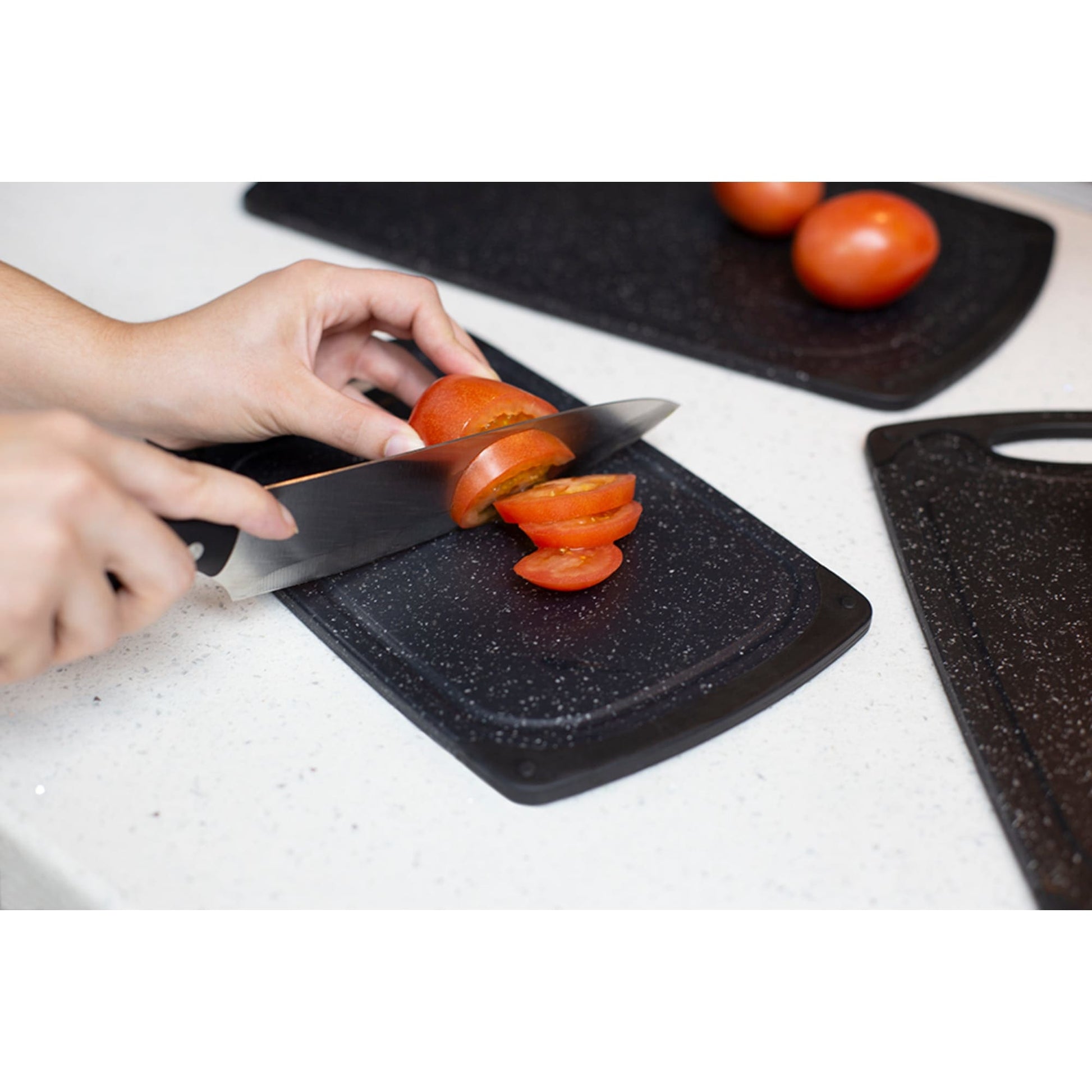 Home Basics 3 Piece Double Sided Granite Look Non-Slip Plastic Cutting  Board Set with Deep Juice Groove and Easy Grip Handle, Black, FOOD PREP