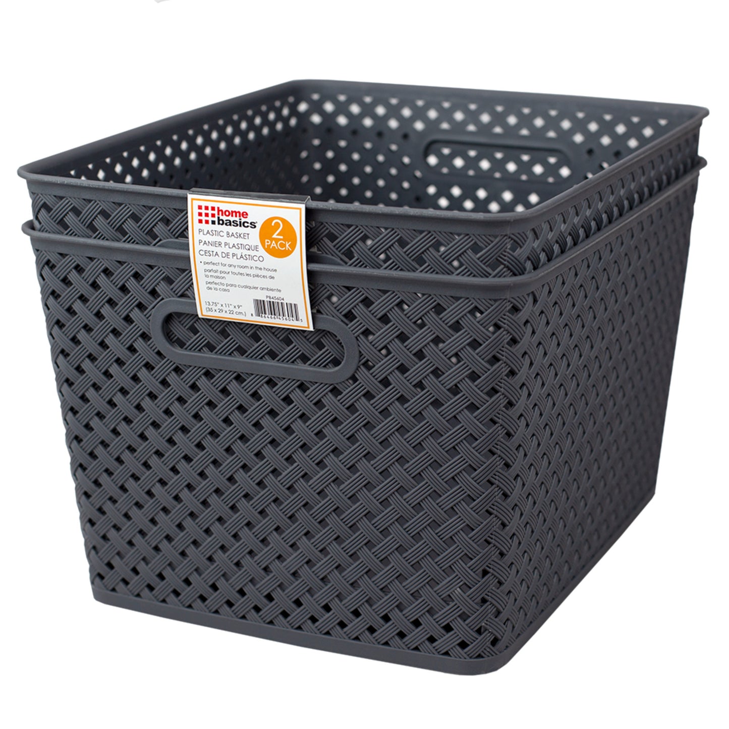 Home Basics Triple Woven 14" x 11.75" x 8.75" Multi-Purpose Stackable Plastic Storage Basket, (Pack of 2), Grey - Grey