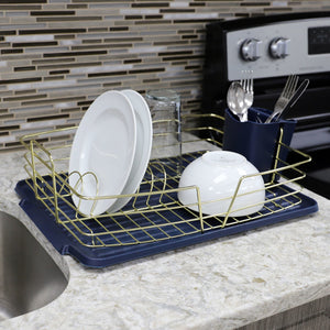 Michael Graves Design Deluxe Dish Rack with Gold Finish and Removable Utensil Holder, Navy Blue/Gold