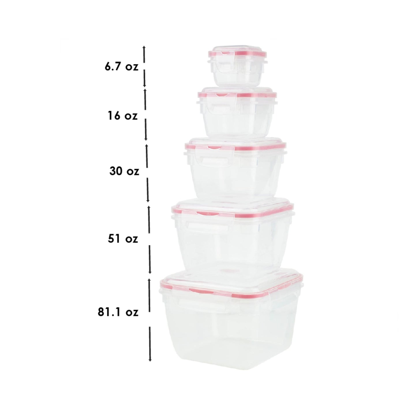 10 Piece Locking Square Plastic Food Storage Containers with Ventilated Snap-On Lids, Red