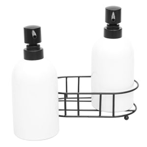 2 Piece Ceramic Soap Dispenser Set with Metal Caddy, White